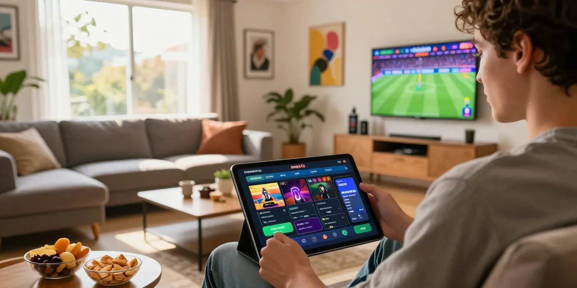 Engaged user on newbet4d betting platform in a cozy living room.