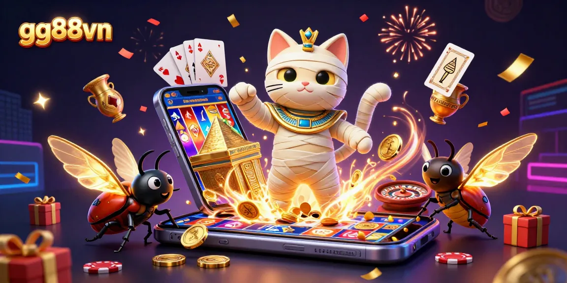 Engage with gg88vn's thrilling casino experience featuring a lively mummy cat and golden sarcophagus.