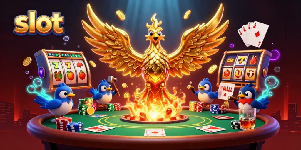 Slot memanipulasi simbol dengan uang emas dari slot dalam ilustrasi kasino 3D yang kaya energi.