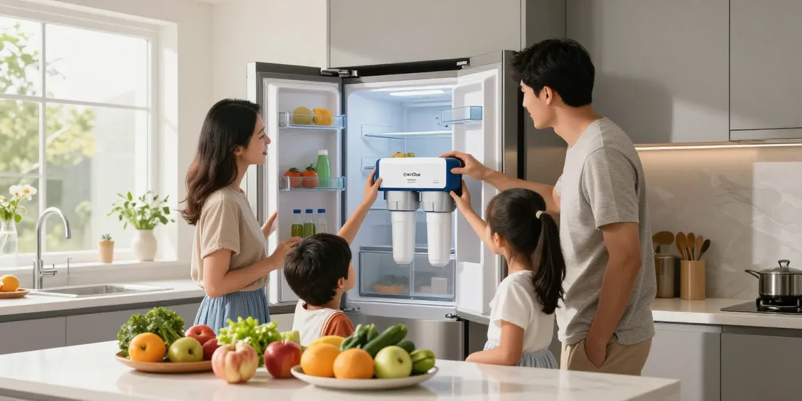 Family demonstrating the Overbest UKF8001 Replacement for EveryDrop by Whirlpool Refrigerator Water Filter 4 in a modern kitchen.