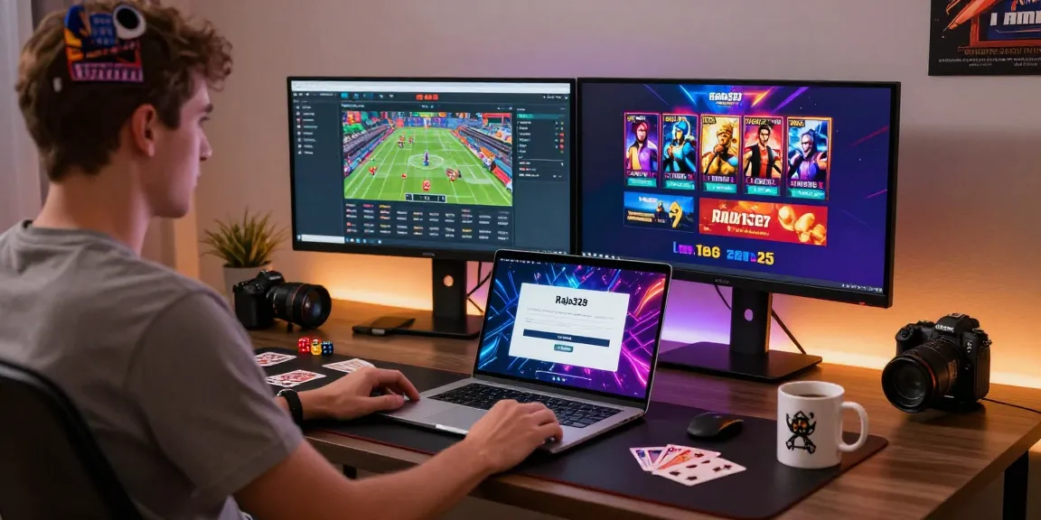 Engaging Raja328 login scene showcasing a modern online gaming workspace with vibrant game graphics