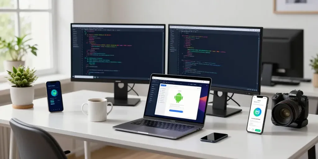 Explore h5.2113.net in a modern workspace showcasing a developer coding on Android apps.