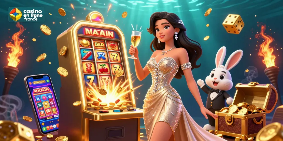 Découvrez l'excitation du casino en ligne France avec des visuels époustouflants d'une machine à sous jackpot et d'une femme glamour célébrant.