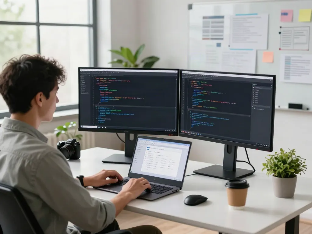 v2rayN官网 development workspace featuring a developer coding in a modern office
