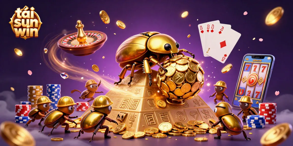 Experience the excitement of tải sun win as golden coins cascade from the beetle in a vibrant casino environment.