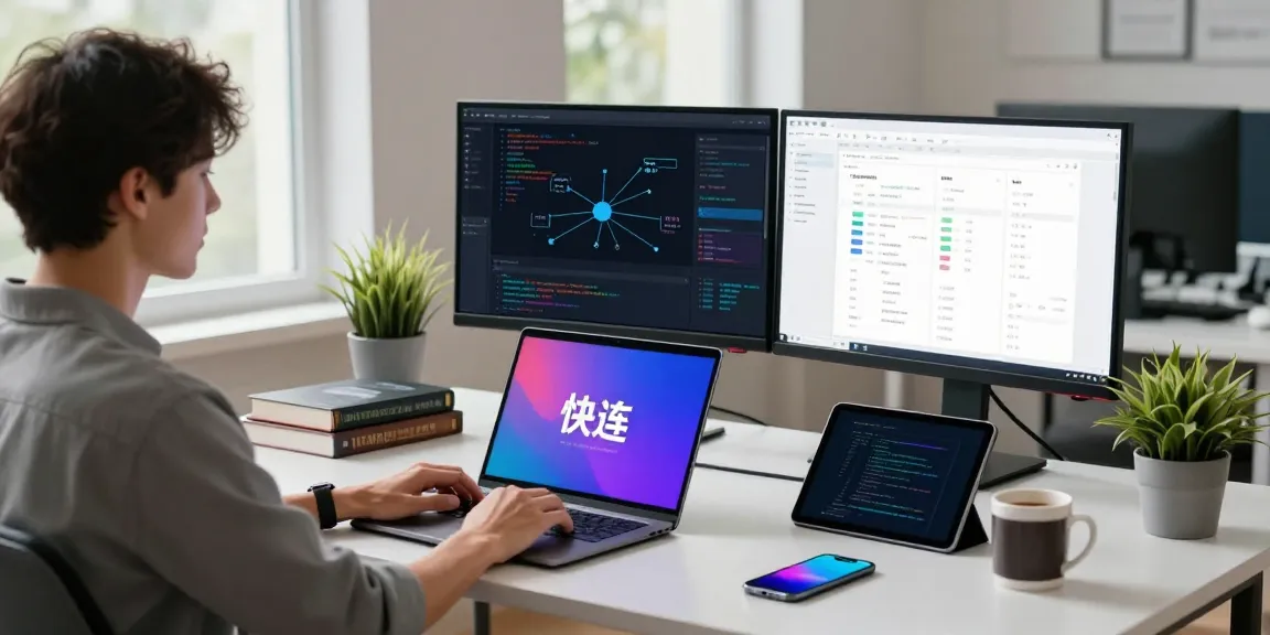 快连 technology workspace with coding screens, laptop, and networking tools showcasing efficient internet solutions.