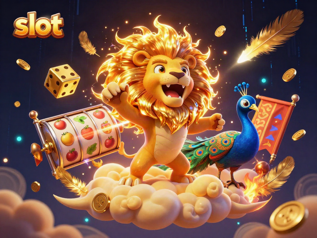 Spin to win in this captivating slot scene with a roaring lion and spinning reels.