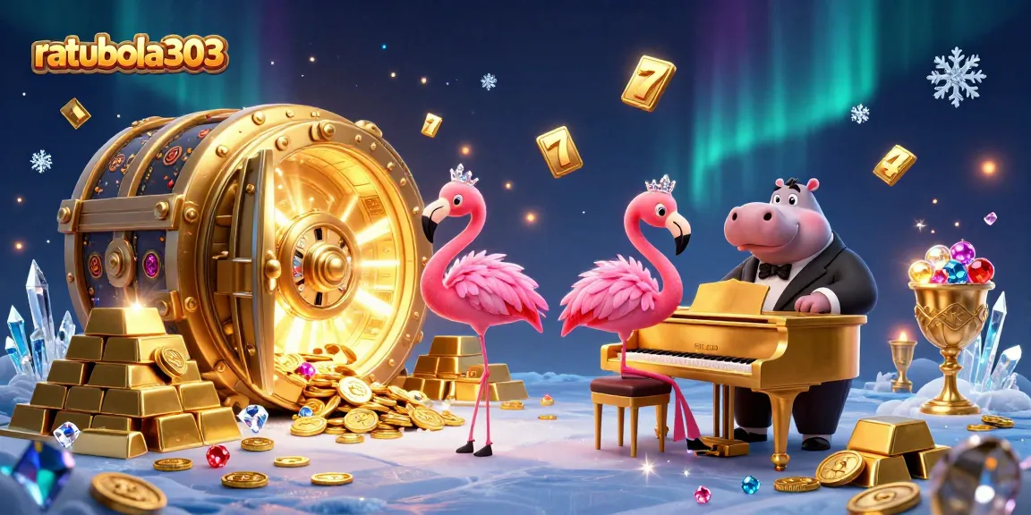 ratubola303 bermain slot dengan flamboyan, pemain kasino dan harta karun di ilustrasi kasino.