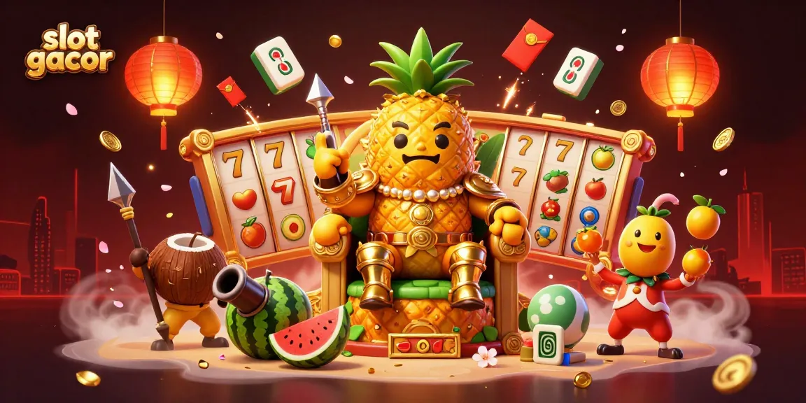 Permainan slot gacor yang menampilkan raja nanas emas 3D berdiri di dekat simbol jackpot berkilauan.