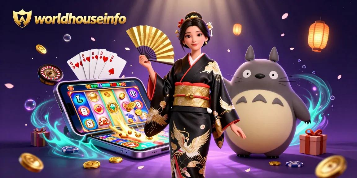 Play engaging casino games at worldhouseinfo with a dynamic scene featuring vibrant characters and slot elements.