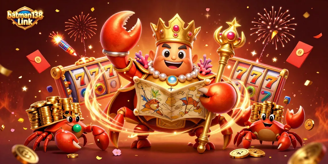 Experience thrilling games with batman138 link, featuring a vibrant casino scene with a golden crab emperor amidst slot machines and festive elements.