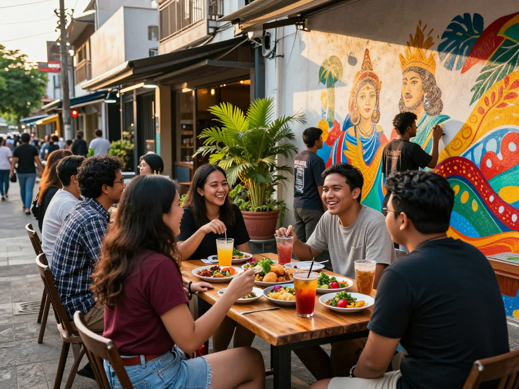 Engaging scene of friends enjoying rokok 88 at a lively café, encapsulating vibrant urban culture.