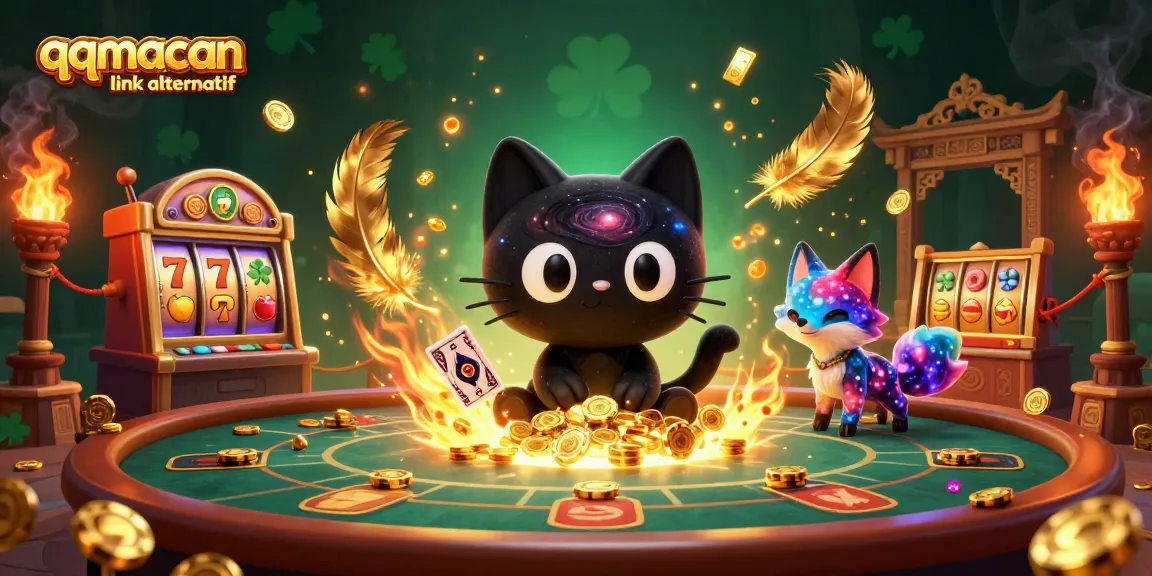 Experience thrilling gameplay with qqmacan link alternatif at a cosmic casino table showcasing vibrant characters and slot reels.