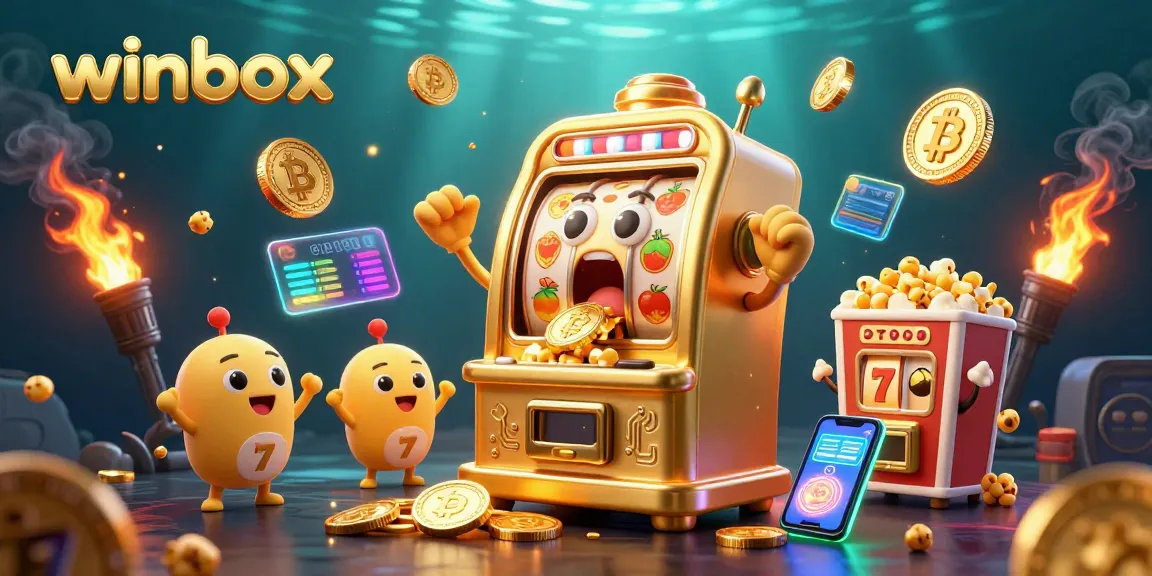 Winbox slot machine hitting a jackpot with excited smaller machines, surrounded by vibrant gaming elements.