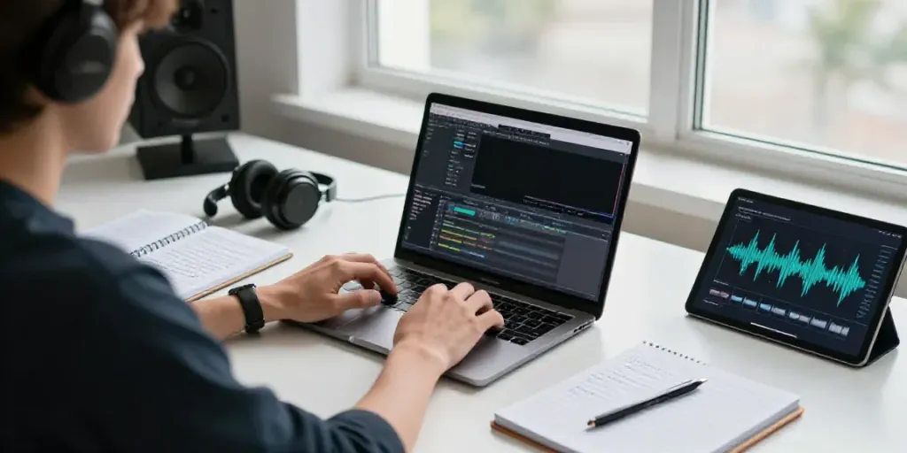 AI audio to text converter for content creators in a modern workspace with laptop and audio tools.
