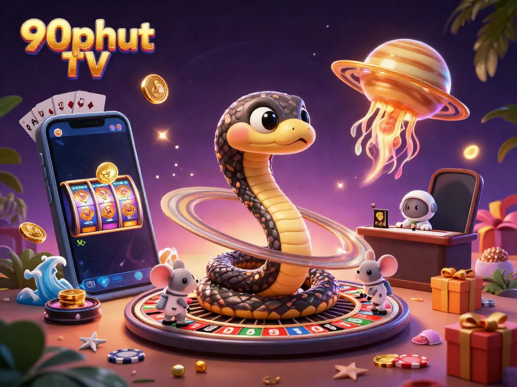 Place your bets at 90phut TV in this vibrant cosmic gambling scene featuring colorful elements.