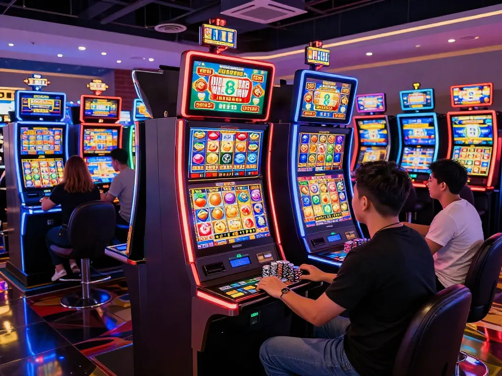 Ruang permainan slot Gacor yang penuh warna dengan pemain antusias di mesin slot.