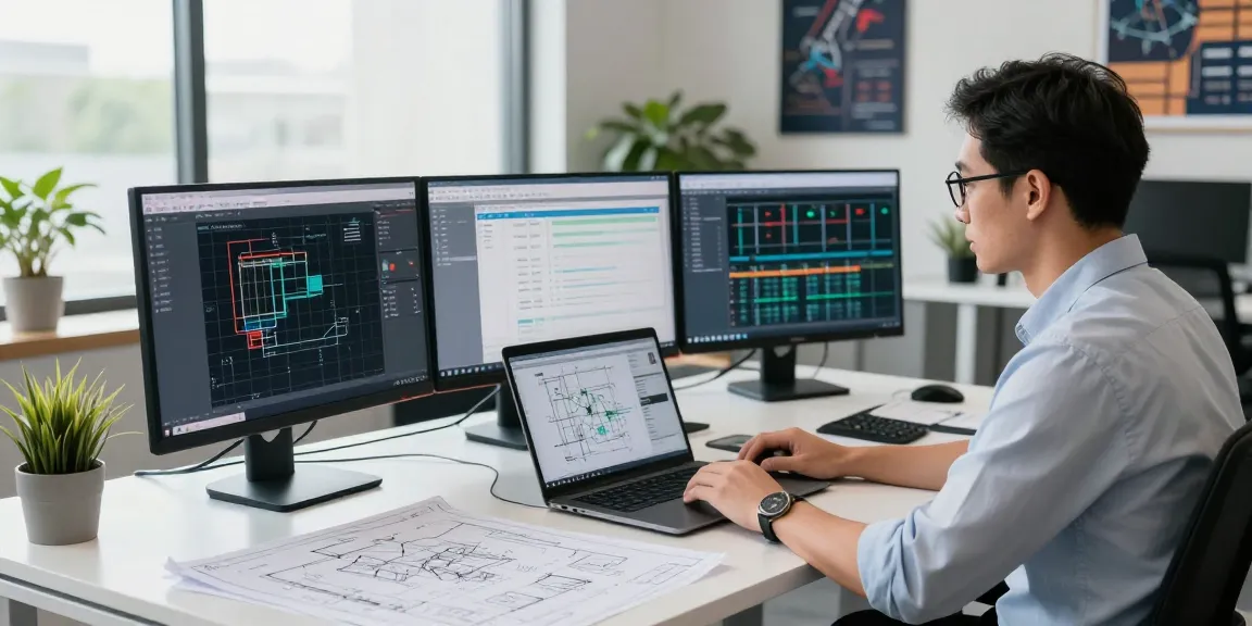 Professional Engineer analyzing intricate engineering services in Missouri, modern workspace filled with technical blueprints and collaborative tools.