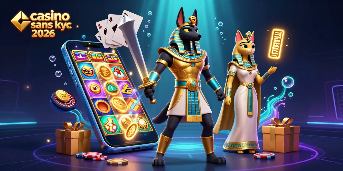 Profitez du casino sans KYC 2026 avec Anubis et Bastet entourés de jeux de casino colorés et d'éléments riches.