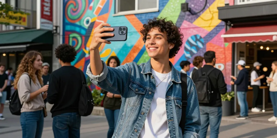 Person taking a selfie to find their celebrity look alike amidst a vibrant urban backdrop.