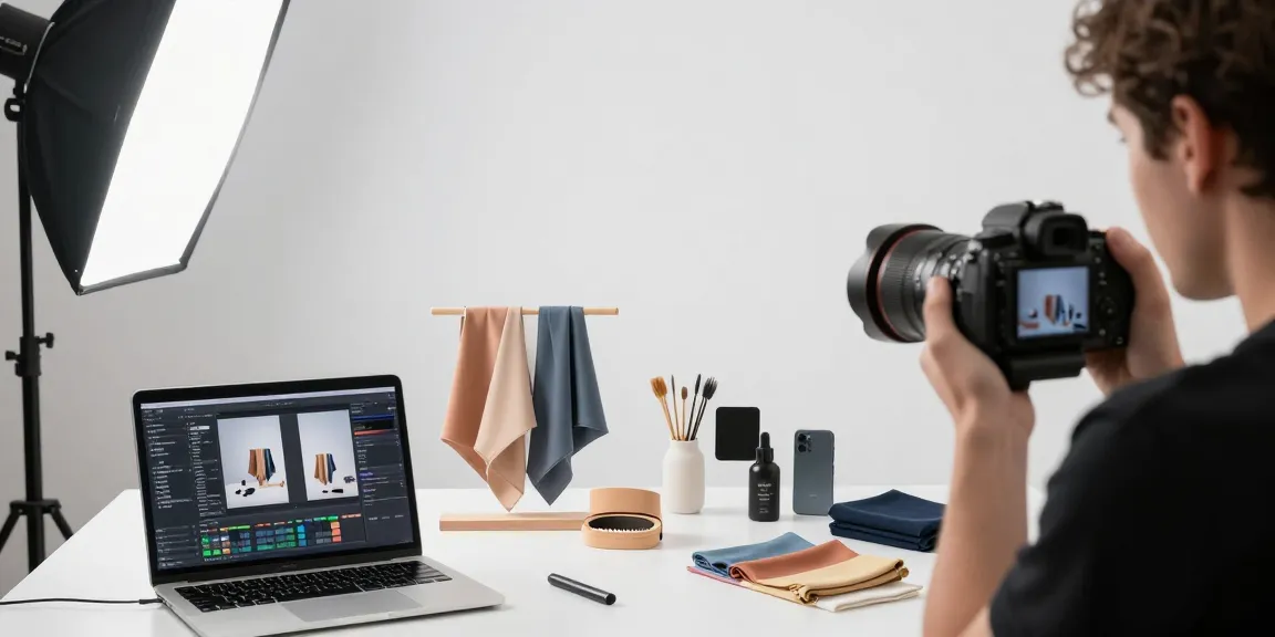 Services photographiques e-commerce pour mise en valeur de produits professionnels dans un studio moderne.