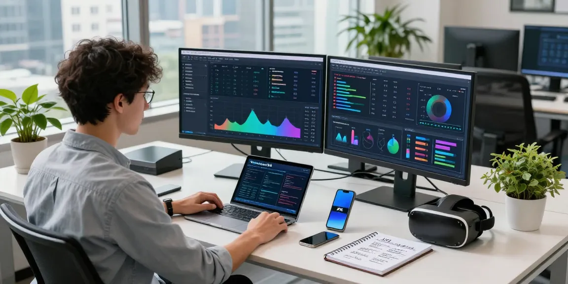 Data analyst at modern workspace using tools to detect AI image content.