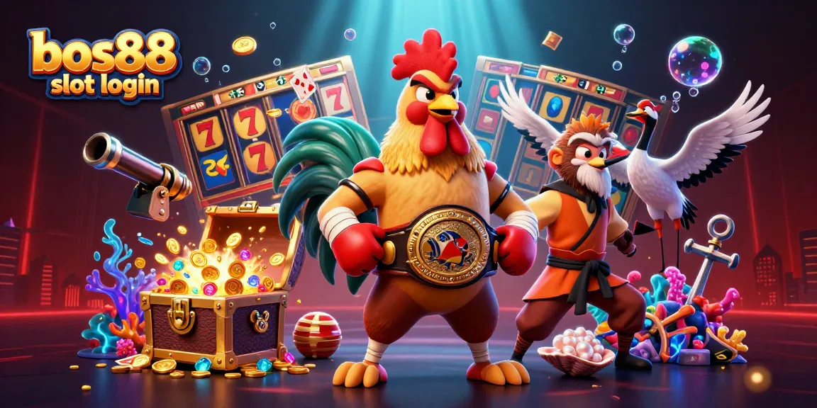 Experience the thrilling bos88 slot login adventure with a dynamic 3D illustration of fierce characters and casino elements.