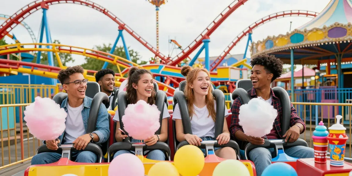 Friends enjoying a test of attractiveness at an amusement park, showcasing joy and excitement.