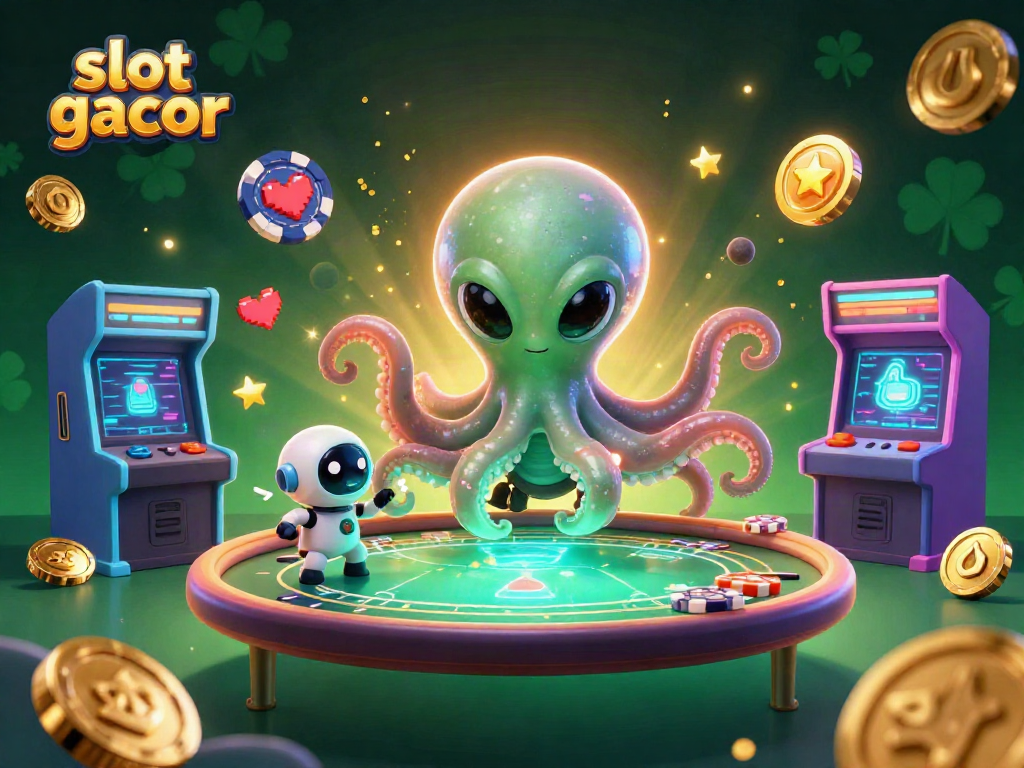 Engage with slot gacor excitement as a cartoon octopus and robot play holographic poker.