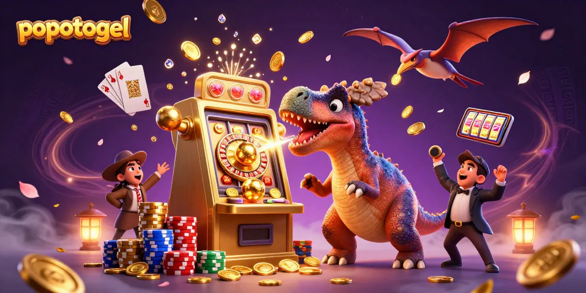 Experience the excitement of popotogel with playful dinosaurs winning jackpots amidst cascading golden coins.