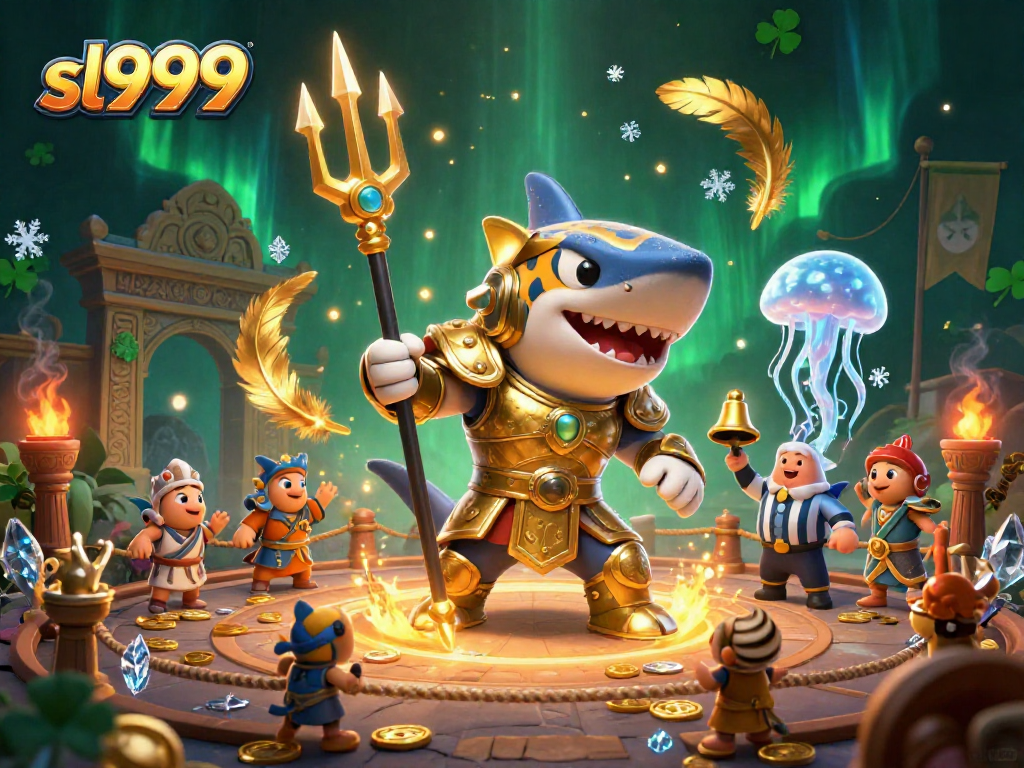 Engage with sl999 through this vibrant 3D casino-themed illustration featuring underwater gladiators and exciting elements.