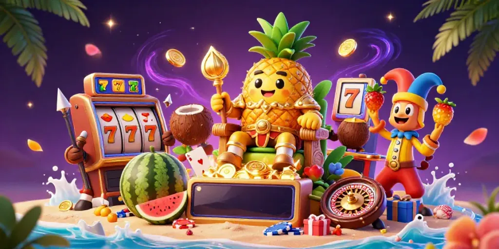 Spin the slot reels with the golden pineapple king surrounded by vibrant casino elements.