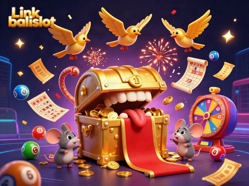 Experience the thrill of "Link balislot" with vibrant casino elements and an engaging 3D treasure chest scene.