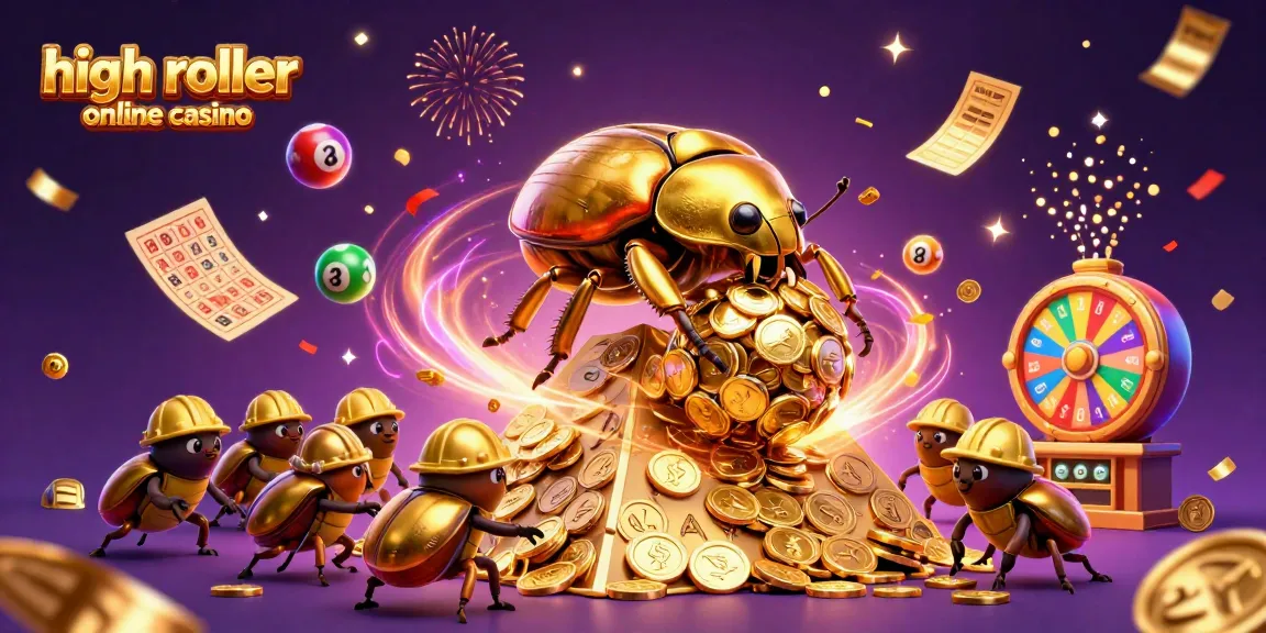 Join the excitement at a high roller online casino, featuring golden beetles and bouncing lottery balls.