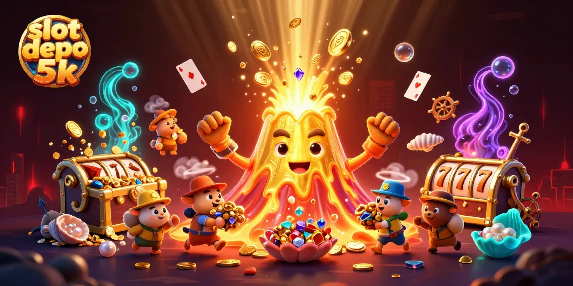Experience the thrill of playing at slot depo 5k with vibrant treasure-filled 3D illustration.