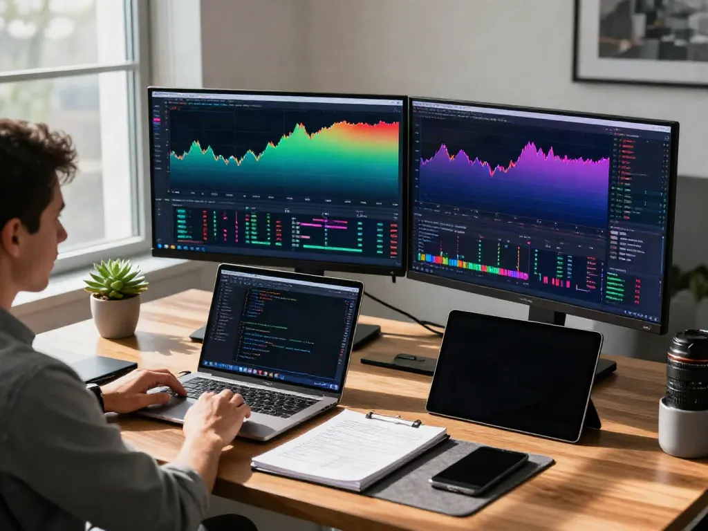 TradingView user analyzing market data on multiple screens in a modern trading workspace.