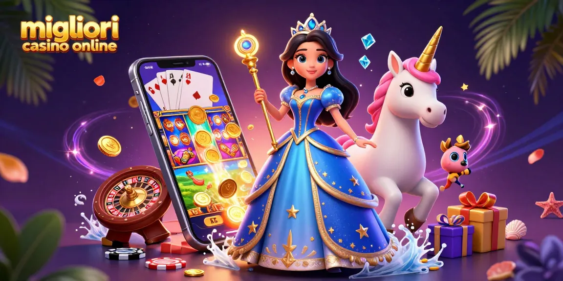 Illustrazione dei migliori casino online con una donna in abito da sera insieme a un unicorno, circondata da elementi dinamici dei casino.