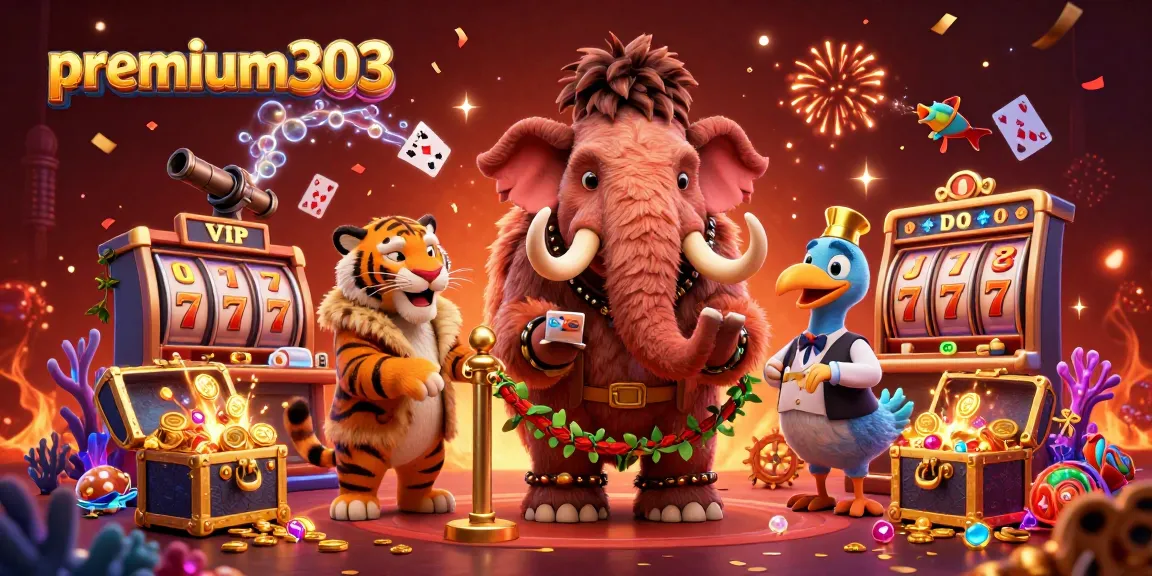Win big with premium303 at this lively casino featuring a woolly mammoth checking IDs among vibrant slot elements.