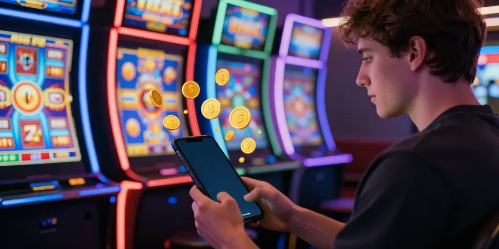 Pengguna bermain slot server Thailand dengan fokus tinggi di perangkat mobile dalam suasana kasino digital yang cerah.