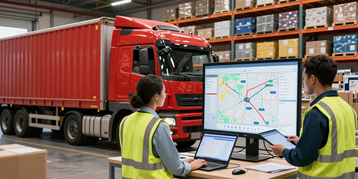 LKW Transport von Dortmund: Moderne Logistikszene mit einem roten Lastwagen und einem Team von Fachleuten, die Routenpläne besprechen.