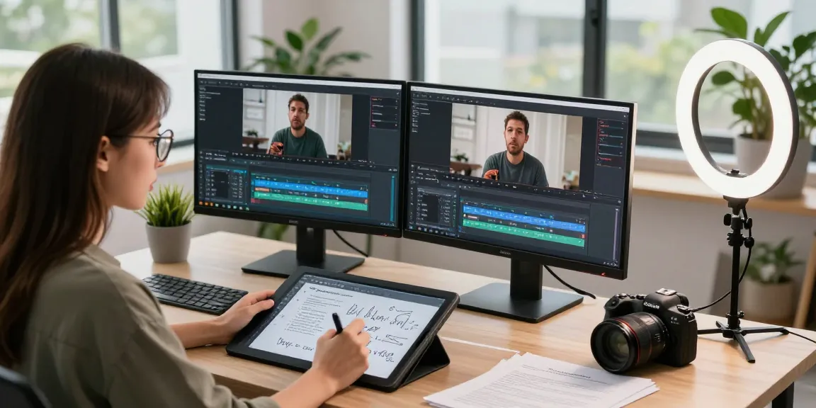 Content creator using video to prompt technology in a modern workspace, showcasing analysis of video footage.
