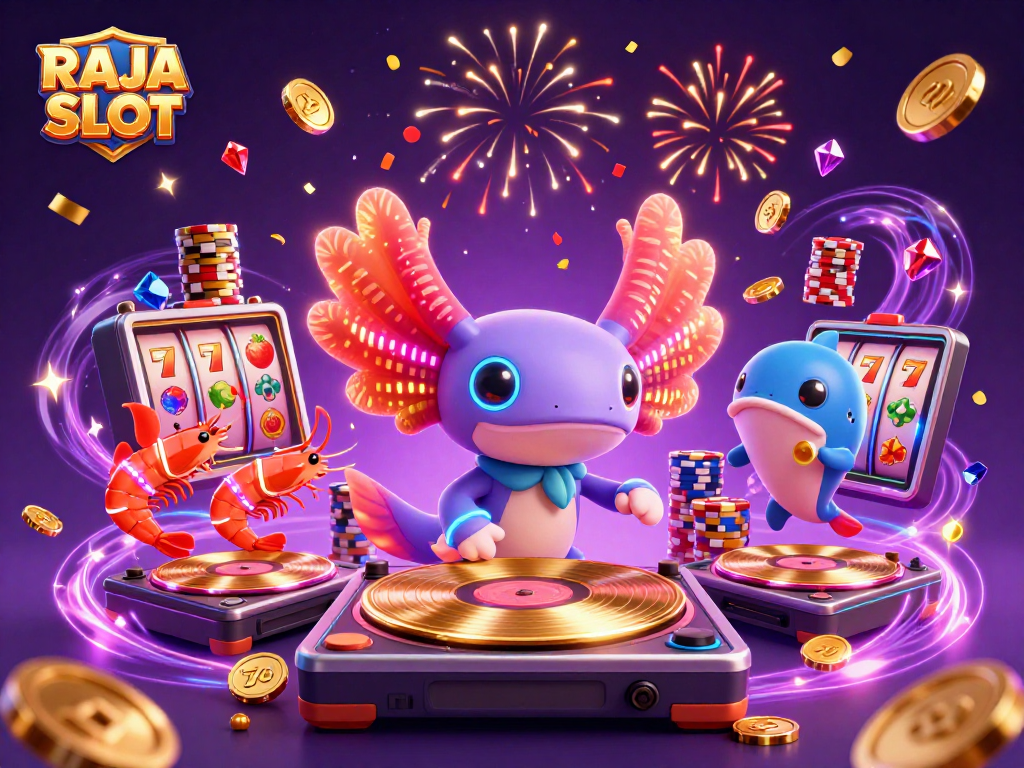 RAJA SLOT menampilkan aksolot DJ neon dengan simbol slot dan koin emas yang menari.
