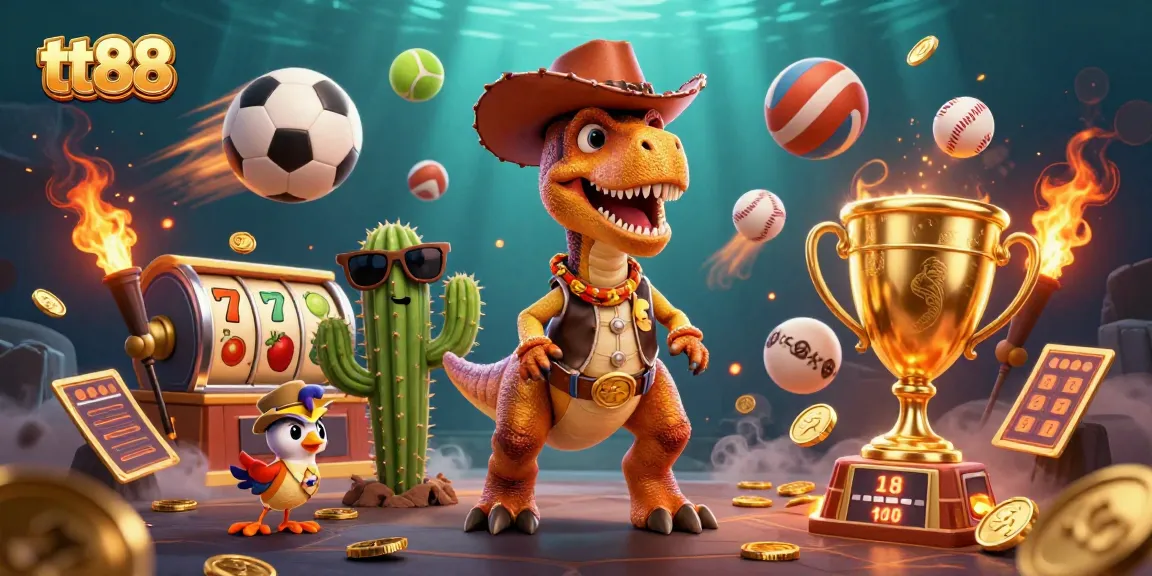 Try your luck at tt88 with a vibrant 3D casino scene featuring a dynamic T-Rex and exciting game elements.