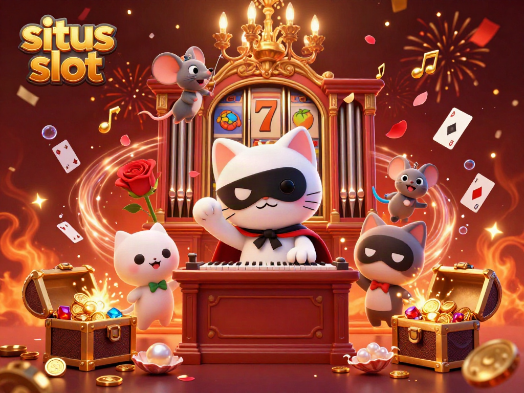 Situs slot illustration featuring a phantom cat and mouse acrobat around vibrant slot reels and casino elements.