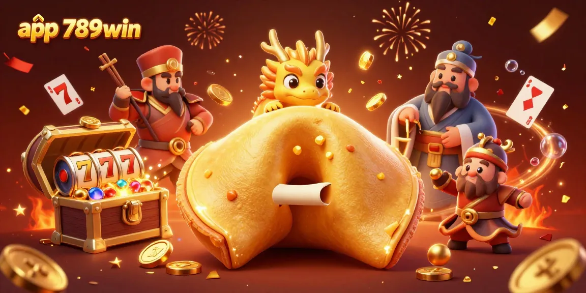 Experience the excitement of app 789win with a dragon and fortune cookie in a vibrant casino illustration.