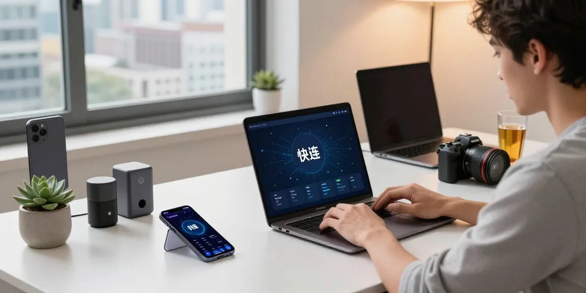快连 application displayed on multiple devices in a modern workspace, showcasing vibrant network metrics for enhanced productivity.