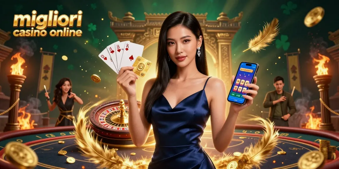Scopri il meglio dei migliori casino online con una donna asiatica che tiene un gettone fortunato e uno smartphone in una dinamica scena di casinò.