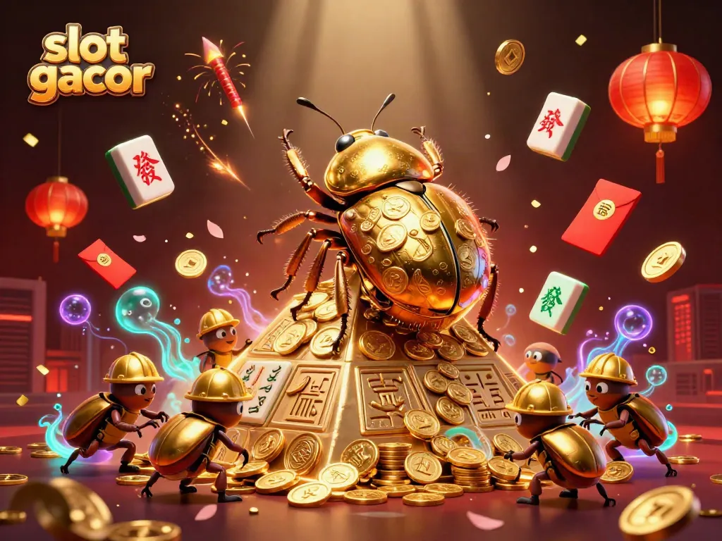 Experience slot gacor with a golden beetle rolling coins in an exciting casino-themed illustration.