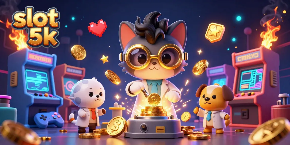 Play slot 5k in an exciting 3D illustration with a mad scientist and dog, showcasing vibrant gaming elements.