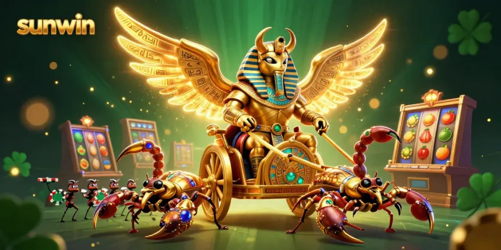 Sunwin features a dynamic casino scene with a golden scarab beetle, scorpions, and slot machine elements illustrating the excitement of gaming.